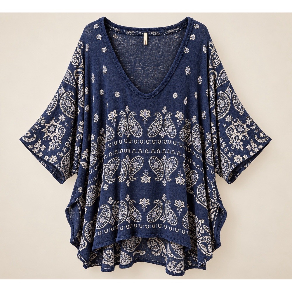 Free People Tunic Top Women L Navy Paisley Bandana Oversized Boho High Low